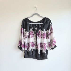 White House Black Market Peasant Top Multicolor Silk Smocked Hem Blouse Size M